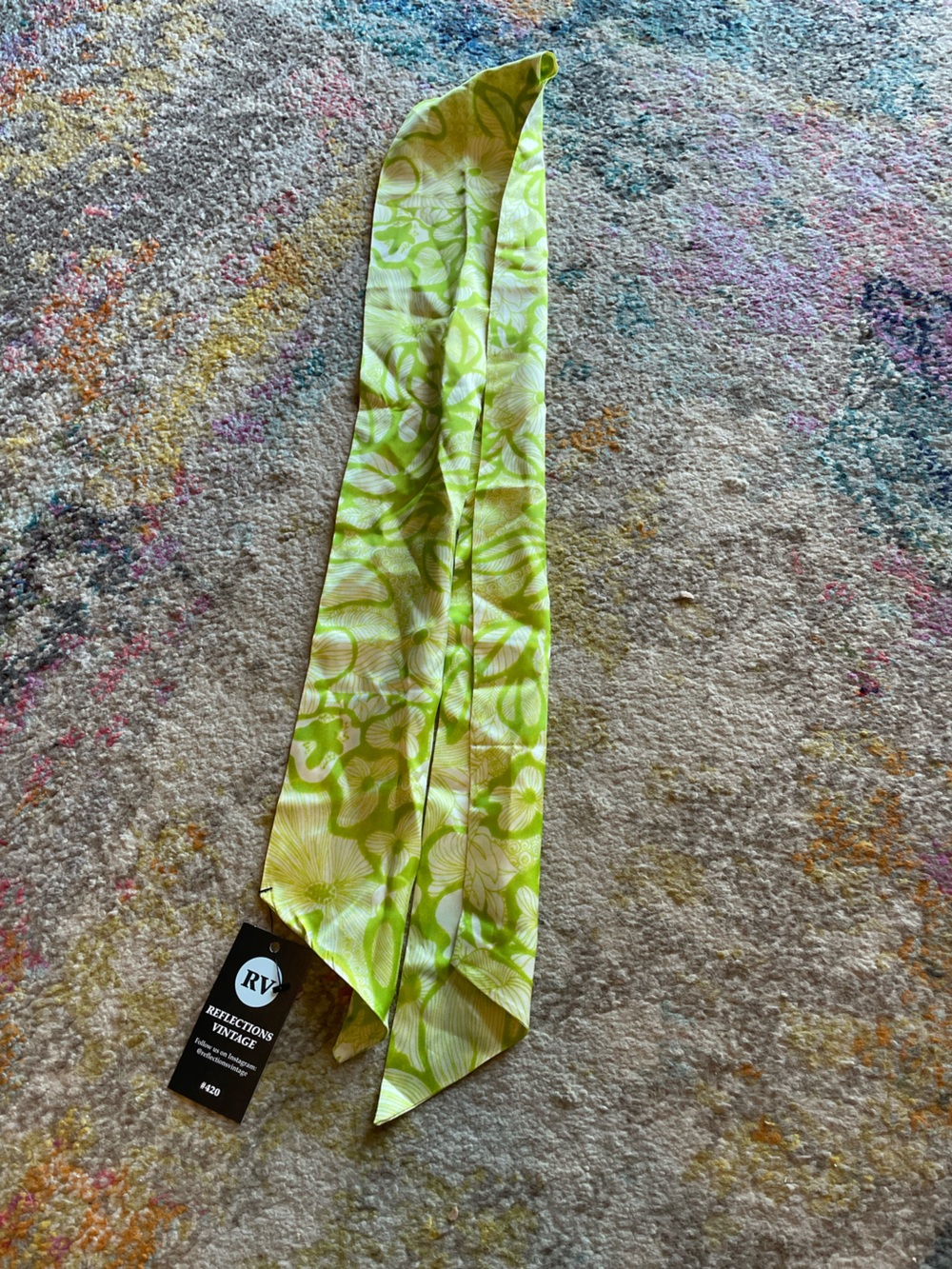Retro vintage patterned lime green silky skinny scarf tie accessory belt disco